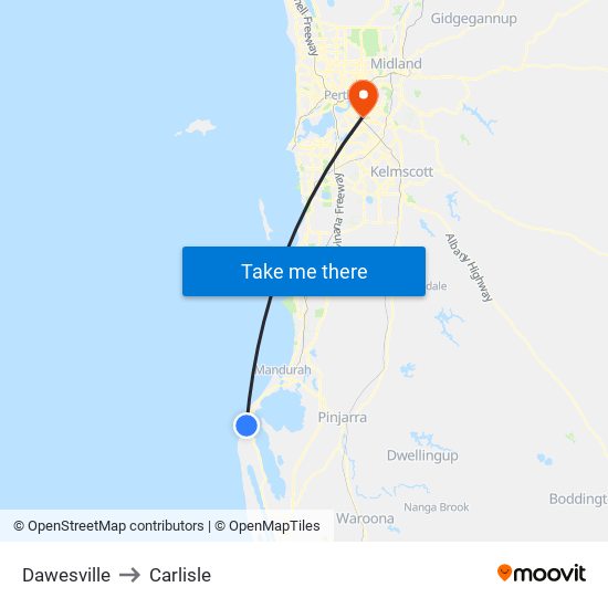 Dawesville to Carlisle map