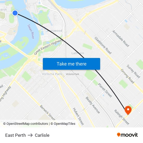 East Perth to Carlisle map