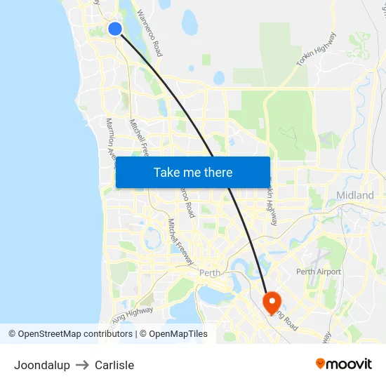 Joondalup to Carlisle map