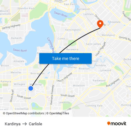 Kardinya to Carlisle map