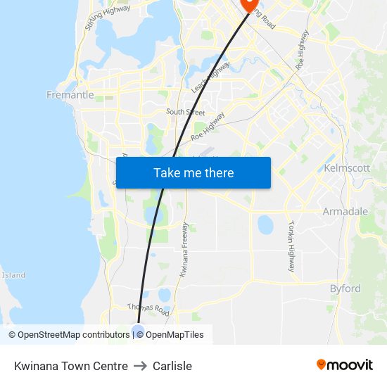 Kwinana Town Centre to Carlisle map