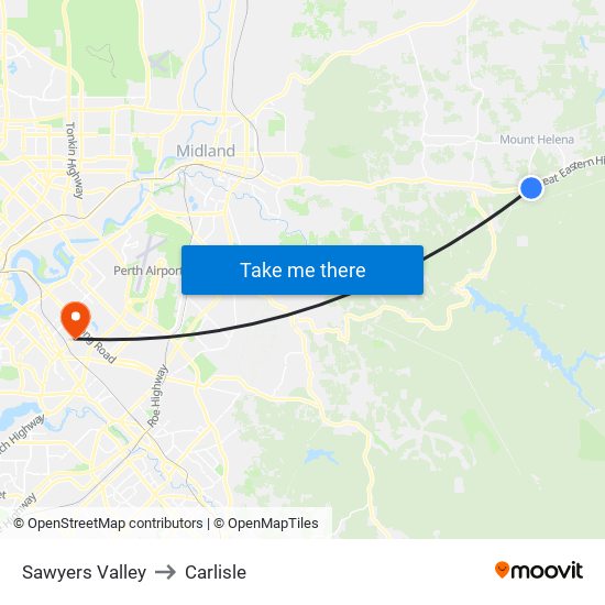 Sawyers Valley to Carlisle map