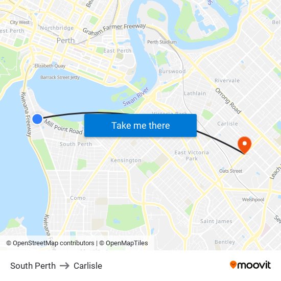 South Perth to Carlisle map