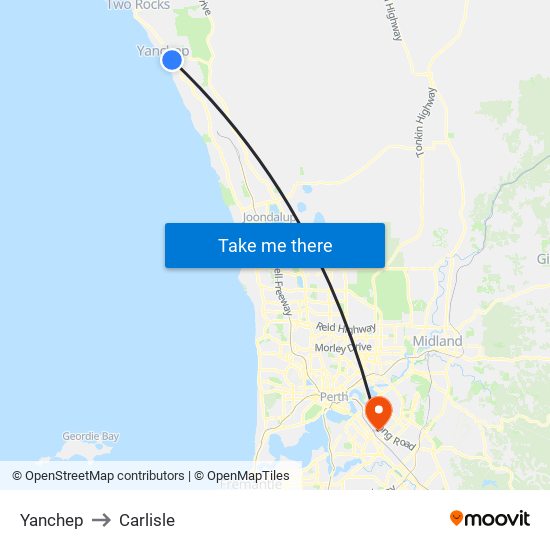 Yanchep to Carlisle map