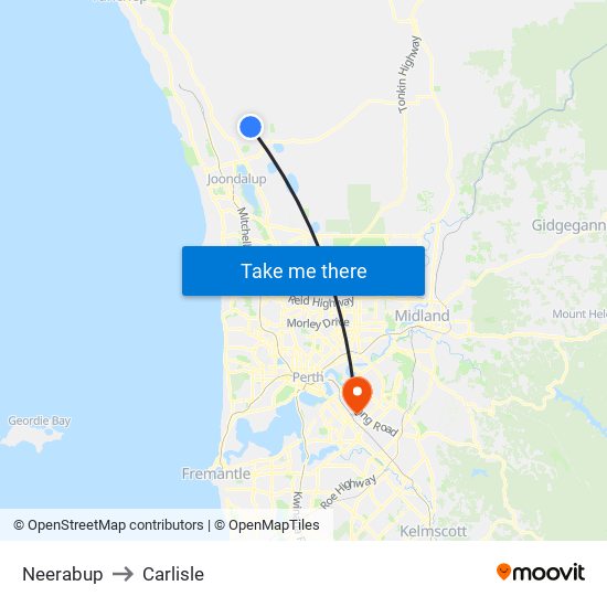 Neerabup to Carlisle map