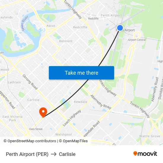 Perth Airport (PER) to Carlisle map