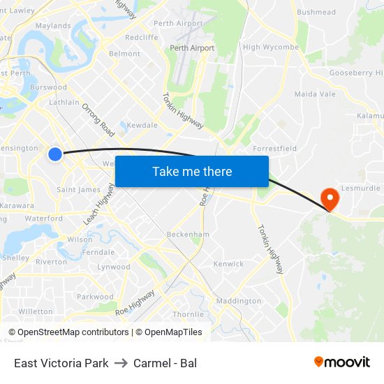 East Victoria Park to Carmel - Bal map