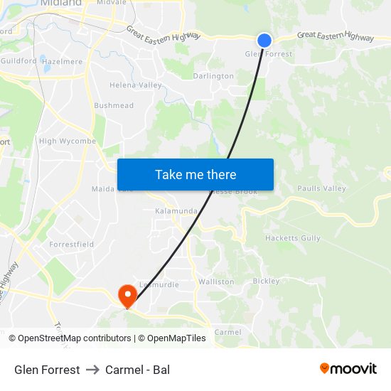 Glen Forrest to Carmel - Bal map