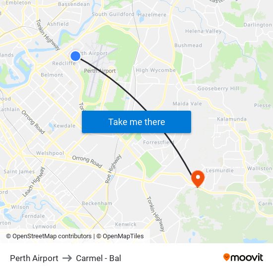 Perth Airport to Carmel - Bal map