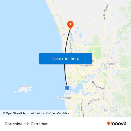 Cottesloe to Carramar map