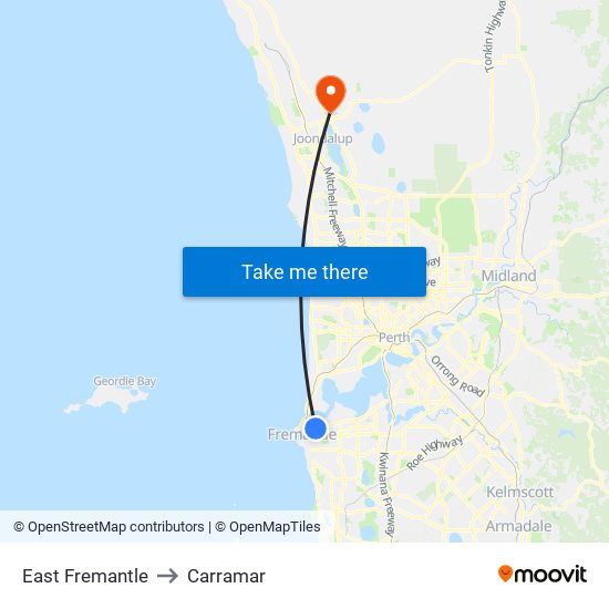 East Fremantle to Carramar map