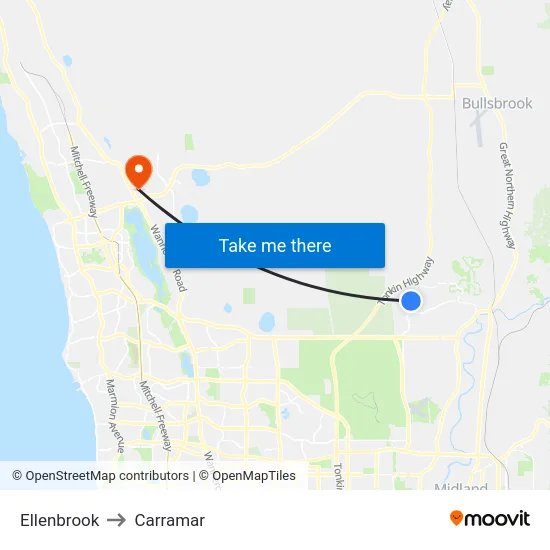 Ellenbrook to Carramar map