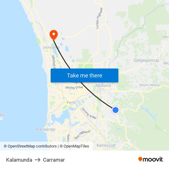 Kalamunda to Carramar map