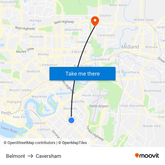 Belmont to Caversham map