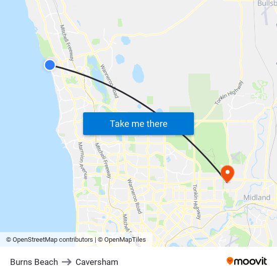 Burns Beach to Caversham map