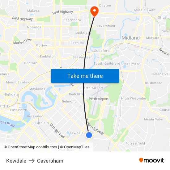 Kewdale to Caversham map