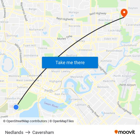 Nedlands to Caversham map