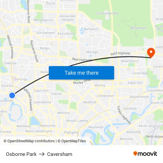 Osborne Park to Caversham map