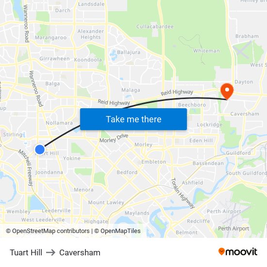 Tuart Hill to Caversham map