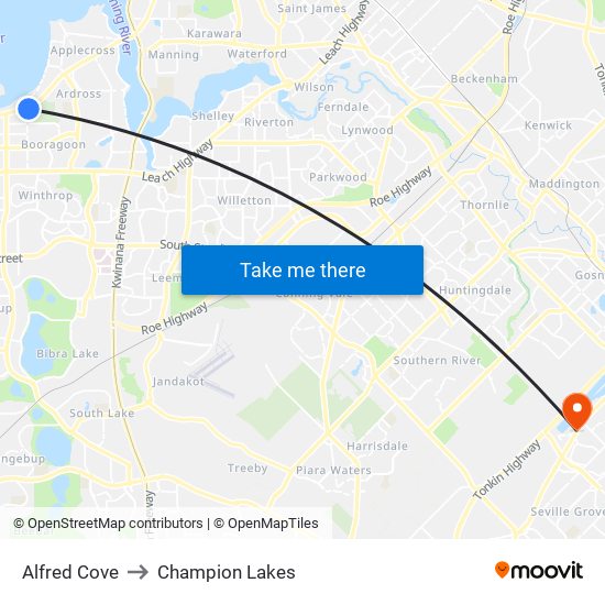 Alfred Cove to Champion Lakes map