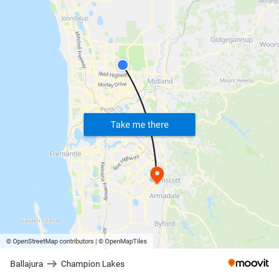 Ballajura to Champion Lakes map