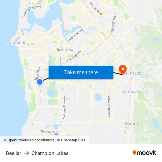 Beeliar to Champion Lakes map