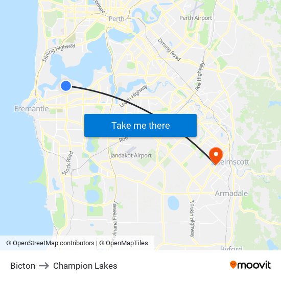Bicton to Champion Lakes map