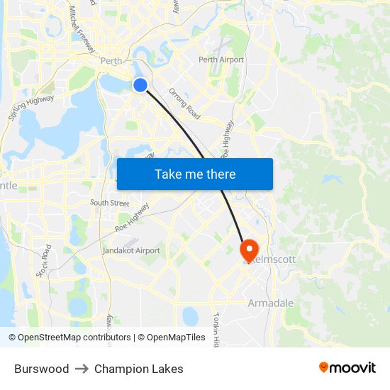 Burswood to Champion Lakes map