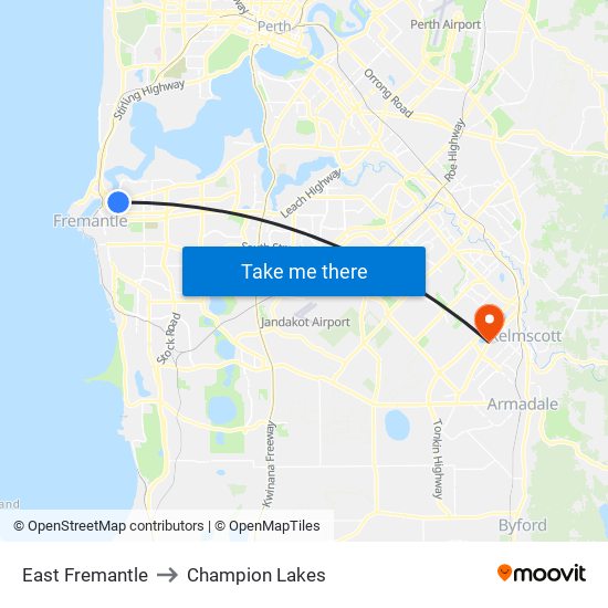 East Fremantle to Champion Lakes map