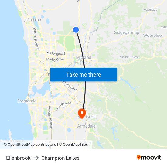 Ellenbrook to Champion Lakes map