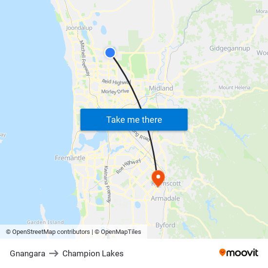 Gnangara to Champion Lakes map