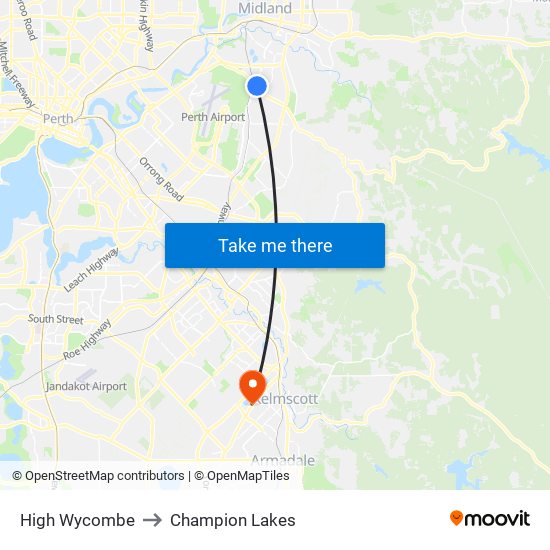 High Wycombe to Champion Lakes map