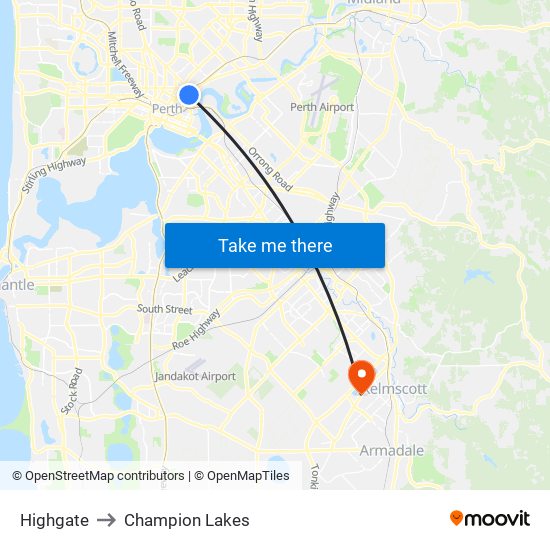 Highgate to Champion Lakes map