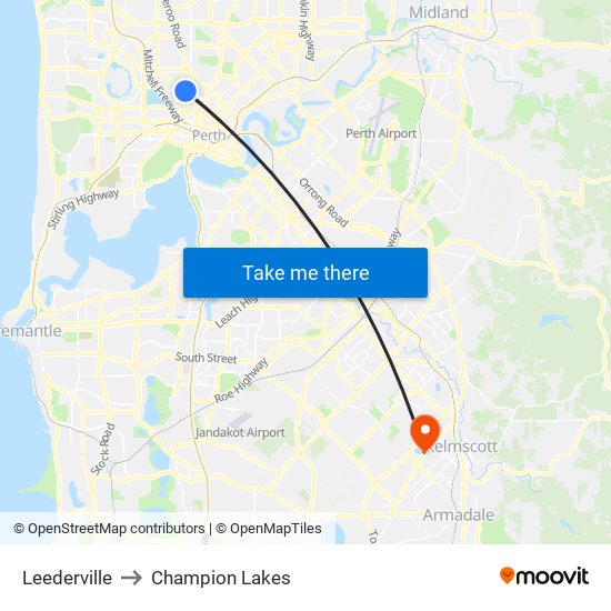Leederville to Champion Lakes map