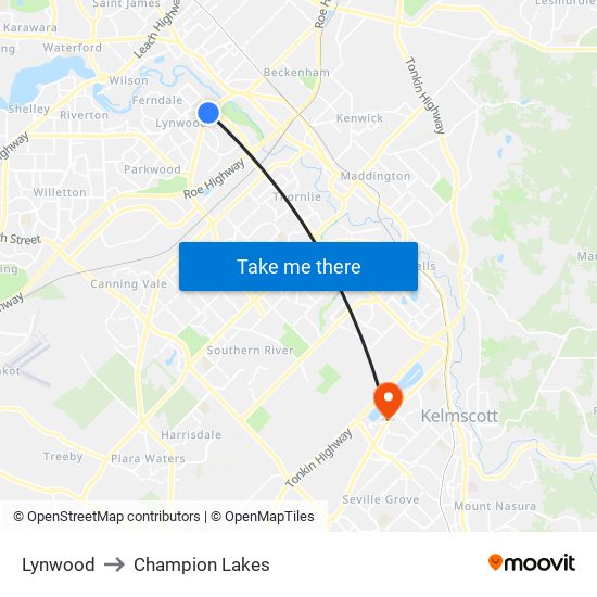 Lynwood to Champion Lakes map