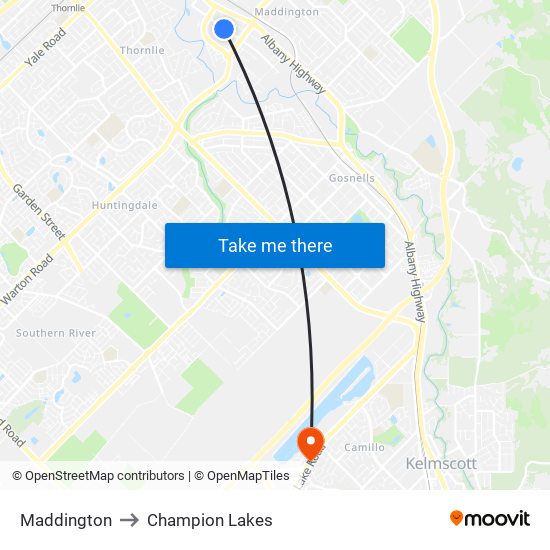 Maddington to Champion Lakes map