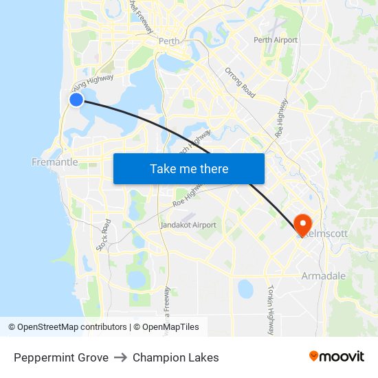 Peppermint Grove to Champion Lakes map