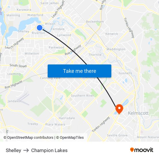 Shelley to Champion Lakes map