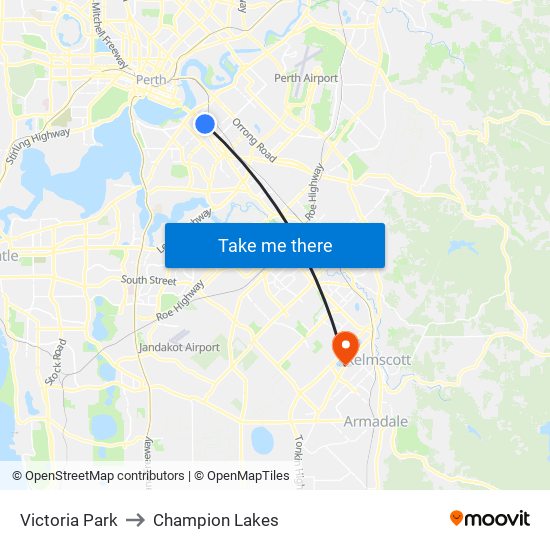 Victoria Park to Champion Lakes map