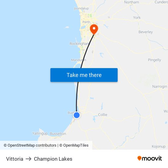 Vittoria to Champion Lakes map