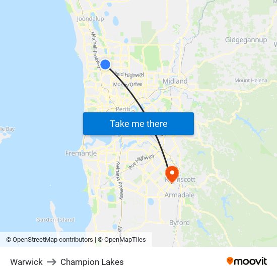 Warwick to Champion Lakes map