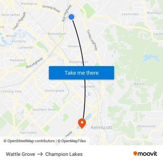Wattle Grove to Champion Lakes map