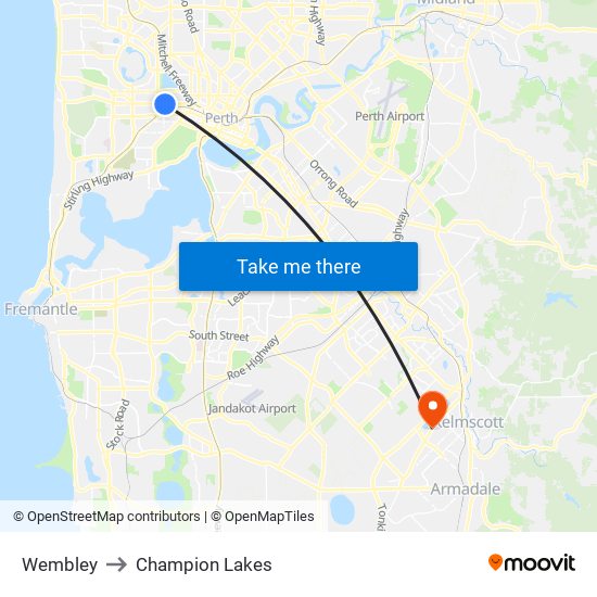 Wembley to Champion Lakes map