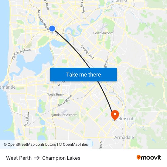 West Perth to Champion Lakes map