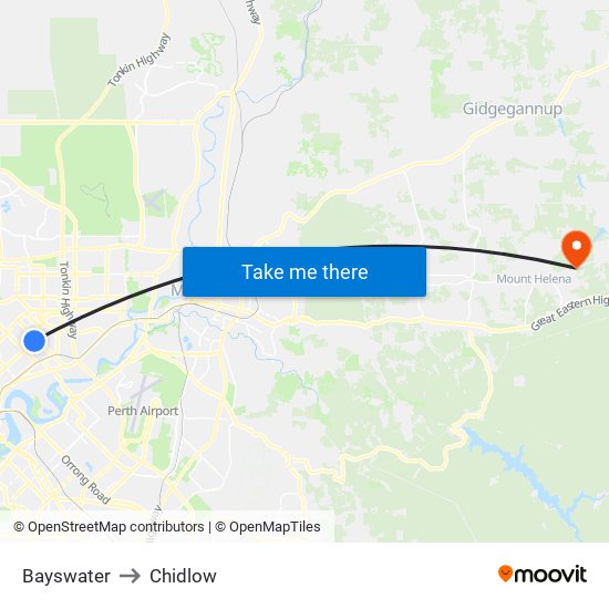 Bayswater to Chidlow map