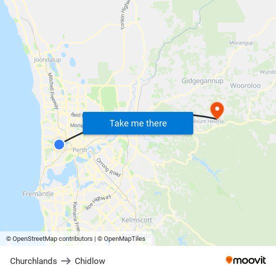 Churchlands to Chidlow map