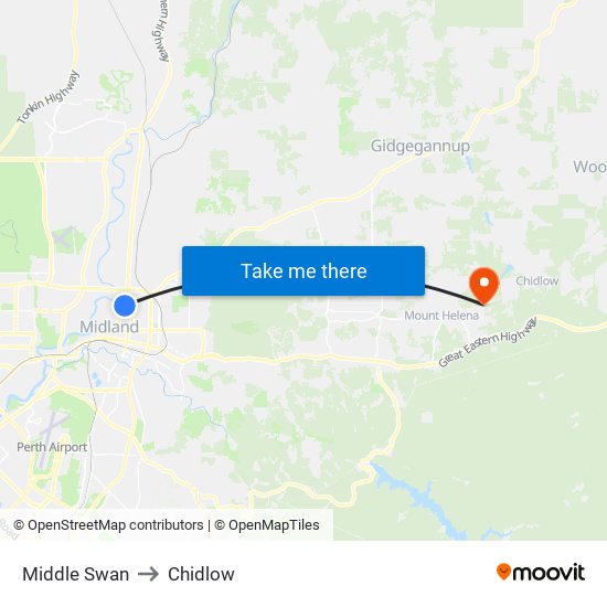 Middle Swan to Chidlow map