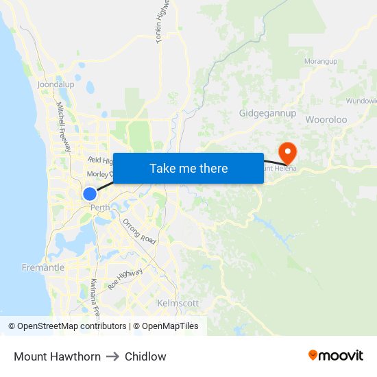 Mount Hawthorn to Chidlow map