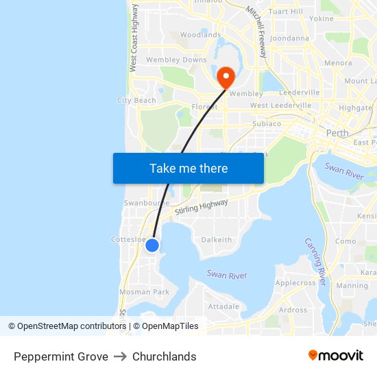 Peppermint Grove to Churchlands map