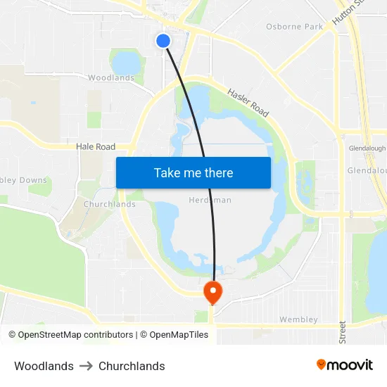 Woodlands to Churchlands map